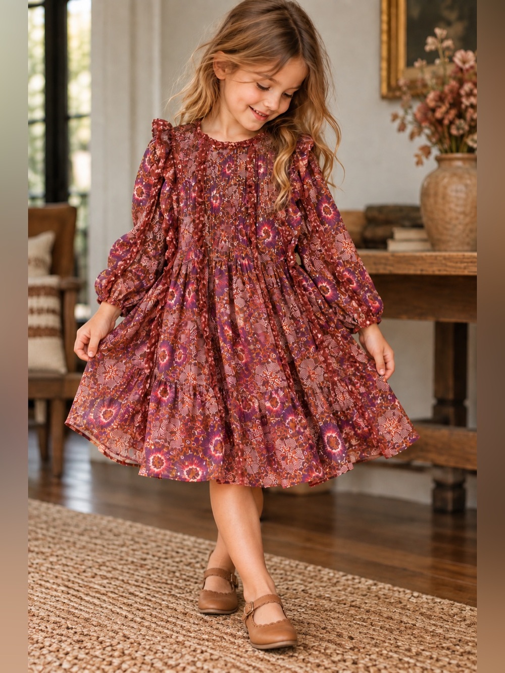 Ulla Johnson Girls Silk Lurex Floral Ruffle Dress Size 4